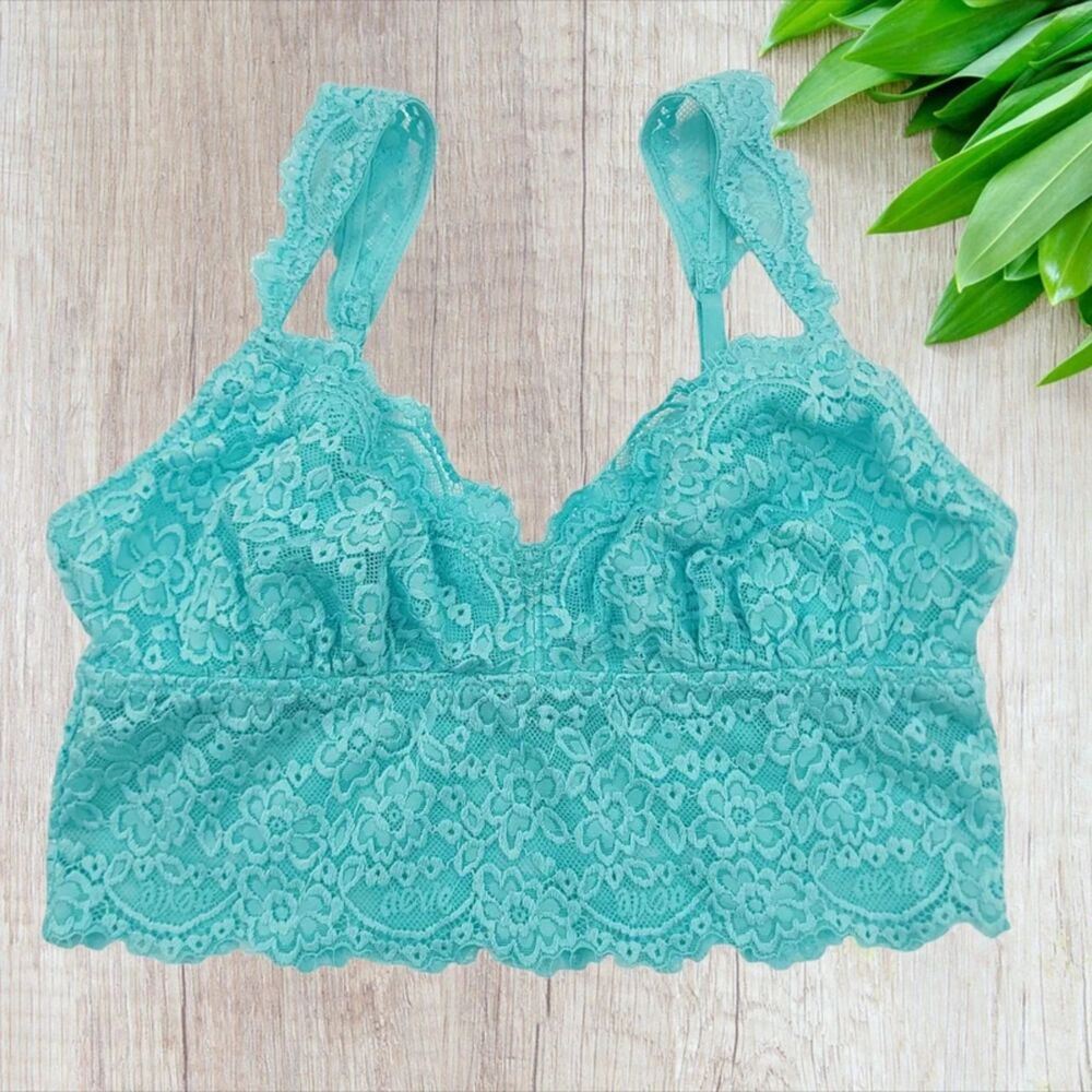Aerie Lace Longline Bralette Womens Medium Teal Aqua Floral Femenine Romantic